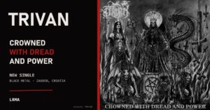 Cover art of the TRIVAN single Crowned with Dread and Power: a crowned skeleton on a throne with chained demons and a serpent