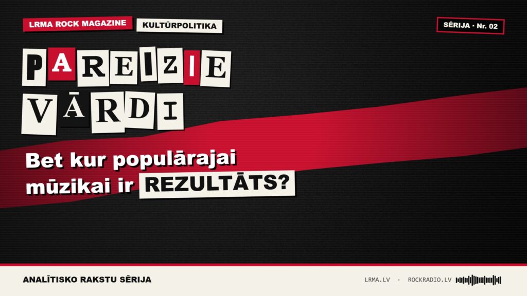 Panku stila grafika ar uzrakstu „Pareizie vārdi. Bet kur populārajai mūzikai ir rezultāts?" — LRMA Rock Magazine kultūrpolitikas rakstu sērija