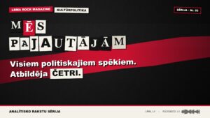 Panku stila grafika ar uzrakstu „Mēs pajautājām. Visiem politiskajiem spēkiem. Atbildēja četri." — LRMA Rock Magazine kultūrpolitikas rakstu sērija