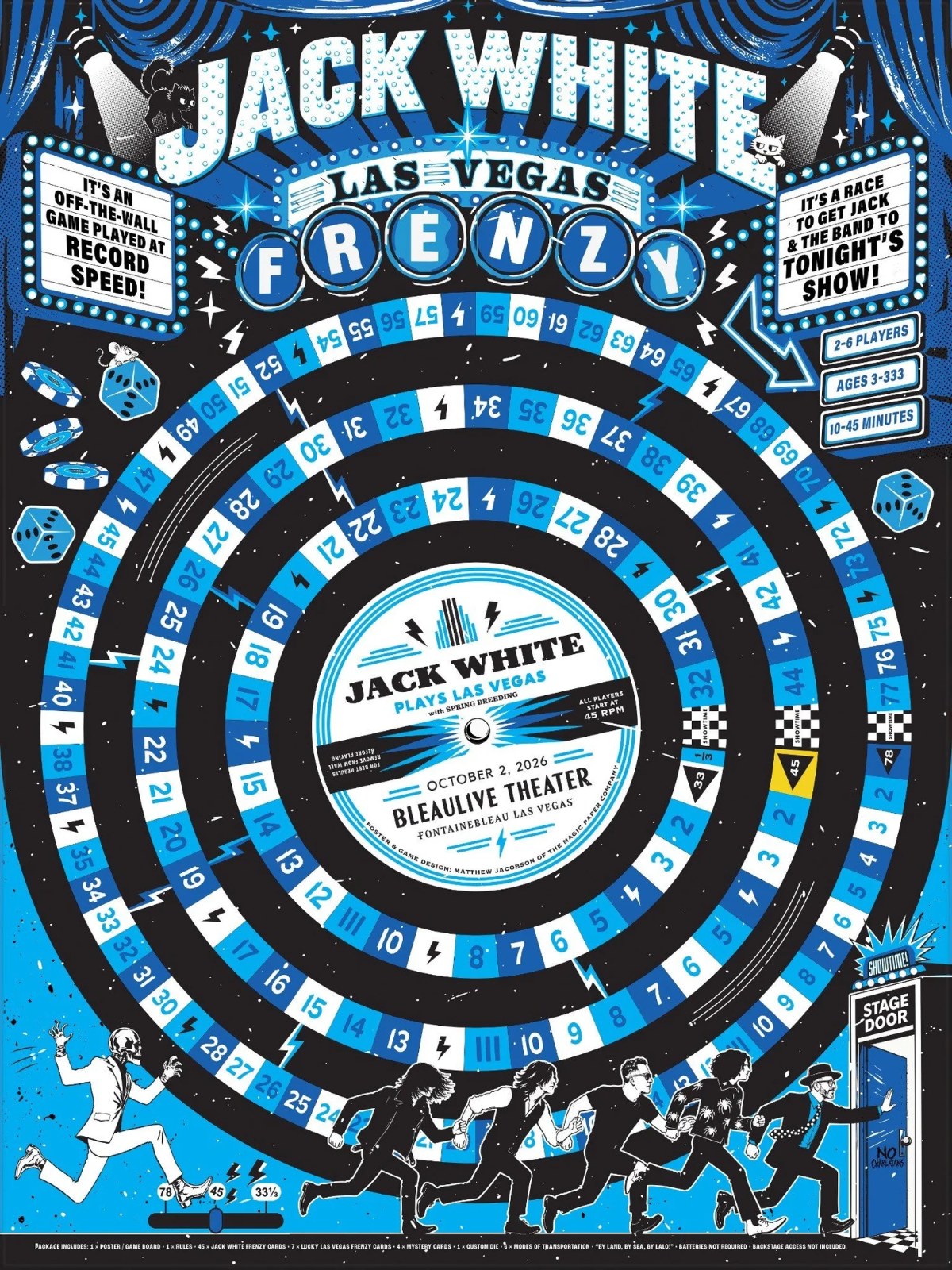 Jack White Las Vegas Frenzy koncerta plakāts — galda spēles laukums ar skaņuplates rievām