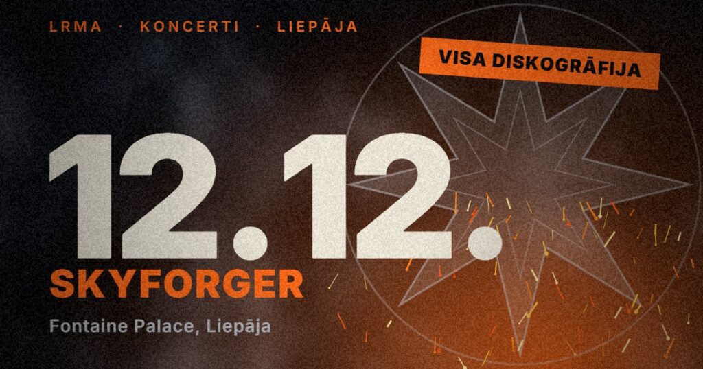 Skyforger koncerta vizualizācija: 12.12., Fontaine Palace, Liepāja, tumšs fons, astoņstaru zvaigzne un kalēja dzirksteles