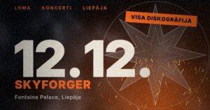 Skyforger koncerta vizualizācija: 12.12., Fontaine Palace, Liepāja, tumšs fons, astoņstaru zvaigzne un kalēja dzirksteles